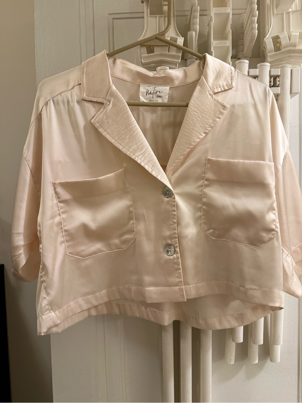 Native Soft Blush Satin Button-Front Cropped Shirt